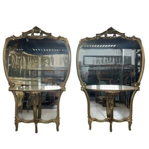 Italian pair of 1930’s Venetian gold leaf and marble top large console mirrors