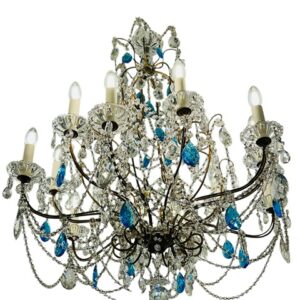 Italian 1920-30 very unusual and elegant blu and clear Crystal drops chandelier made in Torino