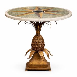 French 1945-50's pedestal pineapple table with a wind rose marquetry top